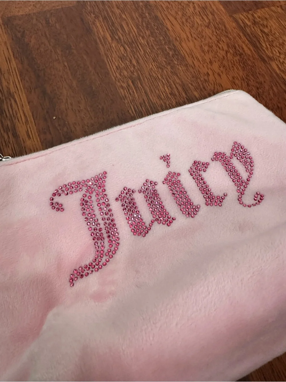 Juicy Couture Light Pink Plush Cosmetic Pouch with Rhinestone Logo